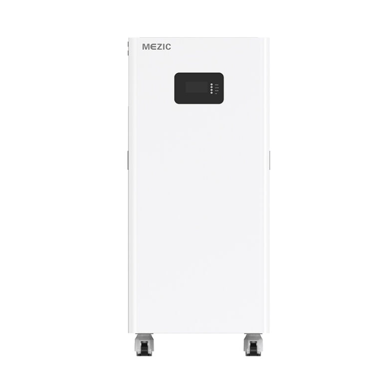 ESSMEZIC 16 kWh energy storage battery, front view on wheeled floor stand